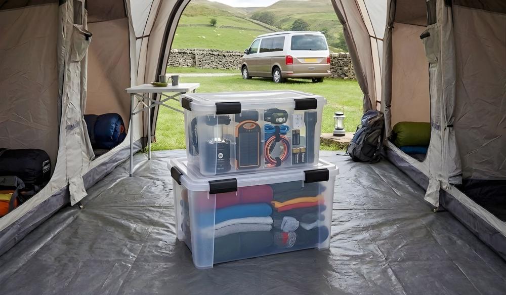 plastic storage box in tent