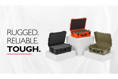 One orange waterproof case open, one black waterproof case open and one green waterproof case open