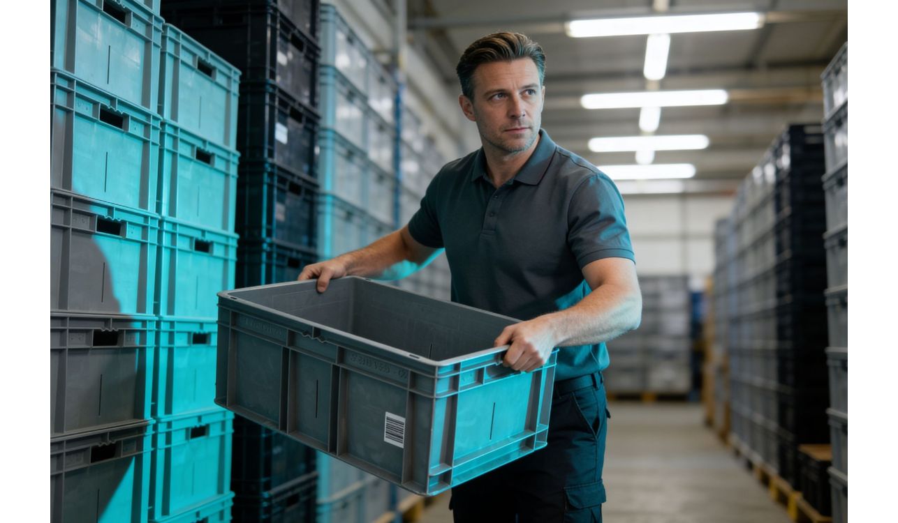 Man holding plastic container in warehouse