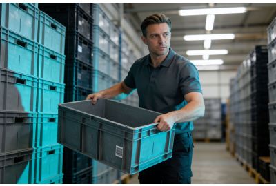 Man holding plastic container in warehouse