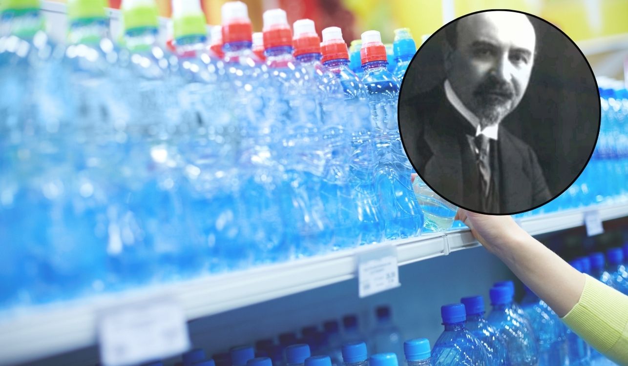 Image of plastic water bottles with Leo Baekeland's face in the corner.