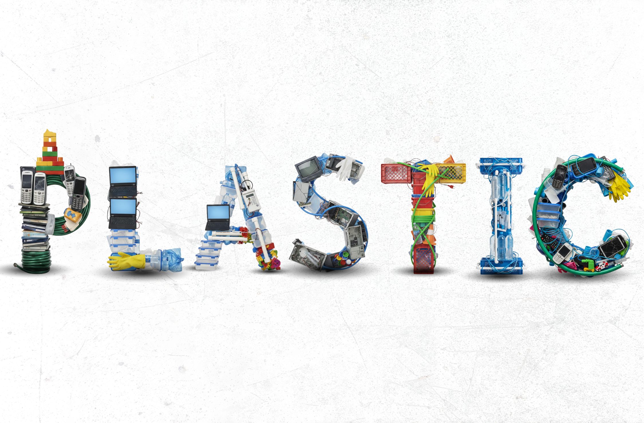 Plastic products are creating the word 'plastic'