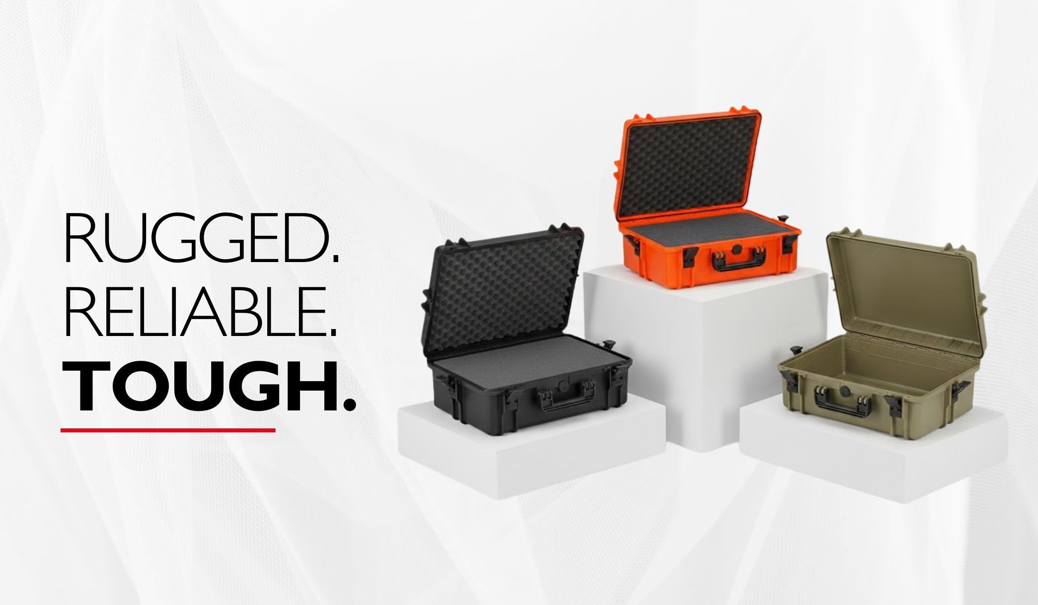 One orange waterproof case open, one black waterproof case open and one green waterproof case open