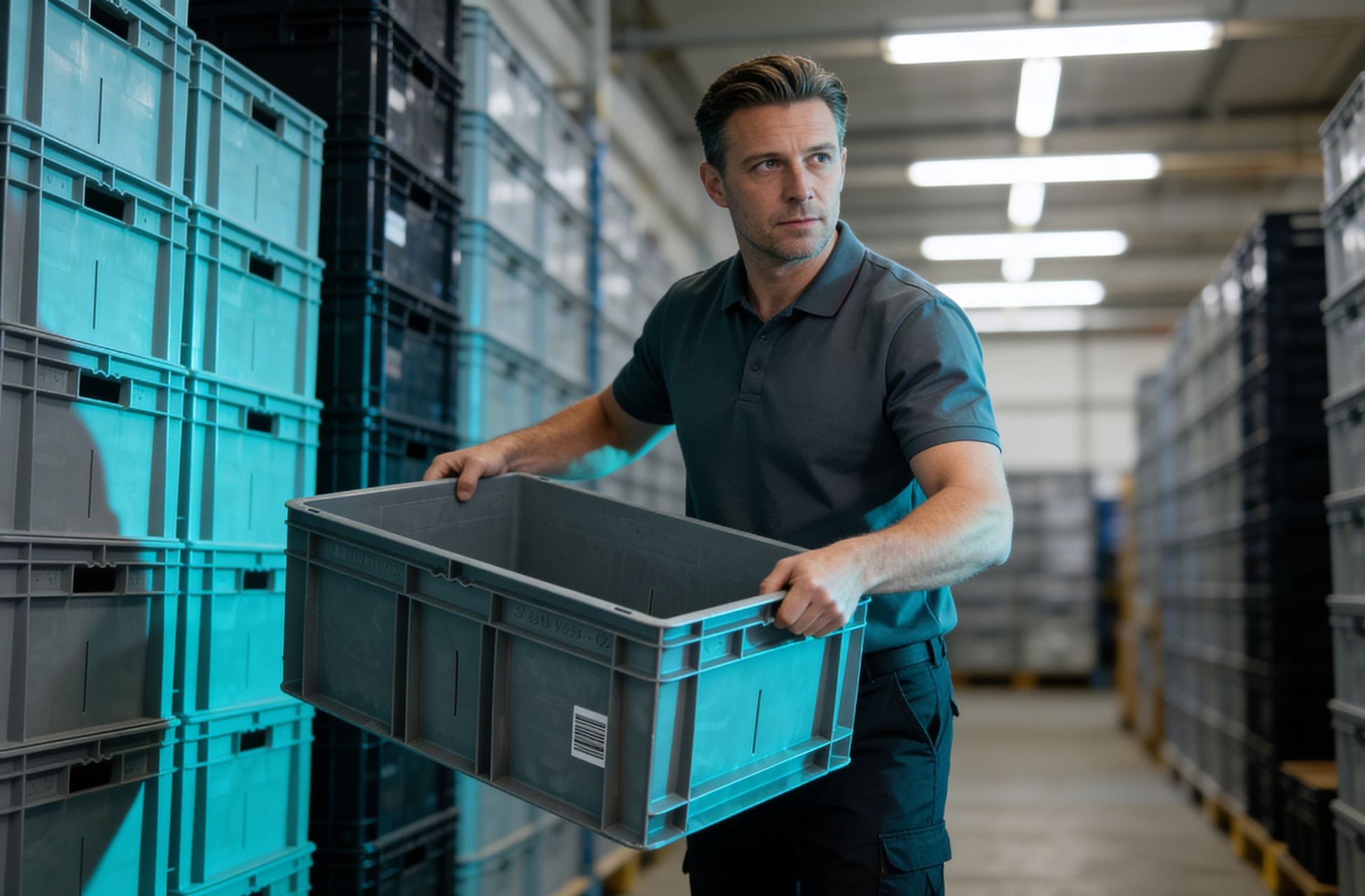 Man holding plastic container in a warehouse 
