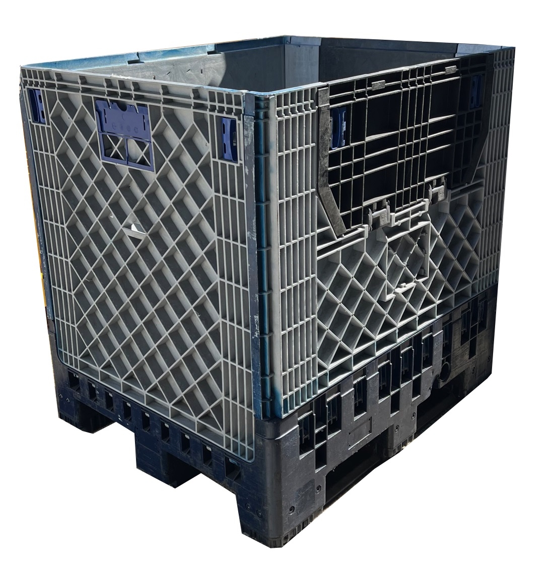 Lightly Used 1020 Ltr Folding Plastic Pallet Box / Bulk Storage Container on Skids with Side Access Doors