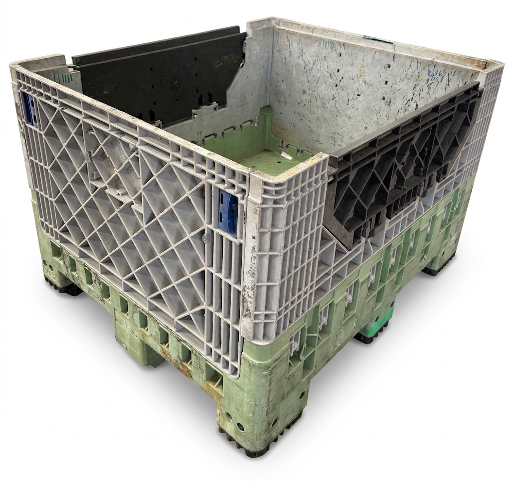 Used 620 Litre Folding Plastic Pallet Box / Bulk Storage Container on Skids with Side Access Doors-Green